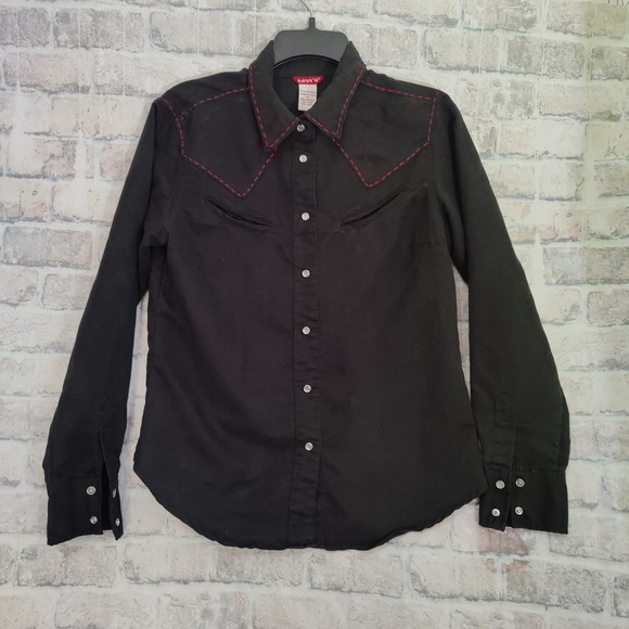 Levi's Tops - Levi's Black Microfiber Western Pearl Snap Shirt Women's Small Red Stitching